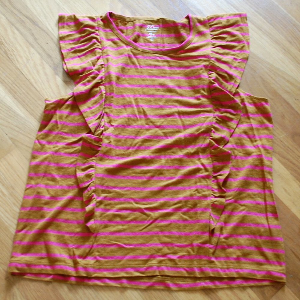 J Crew Linen Knit Goods Brown Pink Striped Sleeveless Ruffle Tank Top